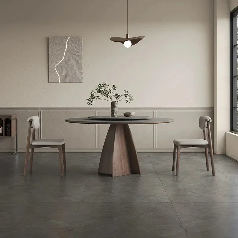 Italian solid wood dining table, round with turntable, new for home use, walnut-colored wabi-sandy matte rock slab round