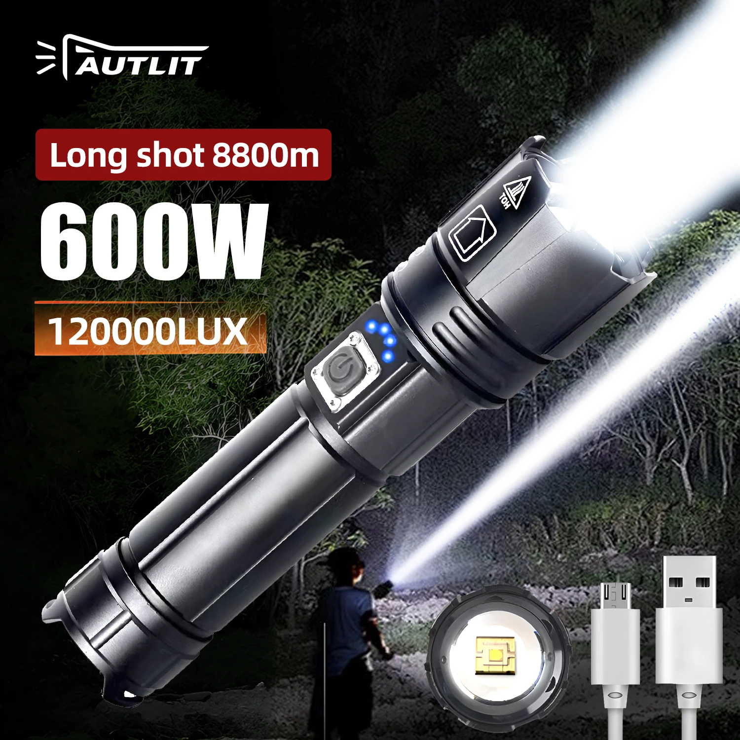 

AUTLIT Super Bright LED Flashlight USB Rechargeable Torch Light With 600W LED Can Illuminate 8800 Meters Tactical Lantern