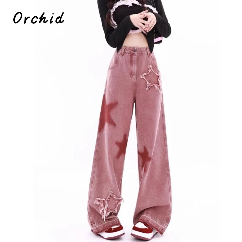 Women's Vintage Baggy Pink Star Jeans High Waist Denim Trousers Korean 2000s Y2k Harajuku 90s Aesthetic Pants 2024 New in