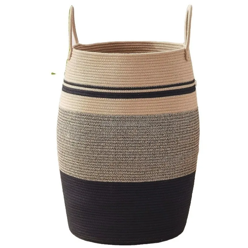 Tall tube mixed black toy clothing storage woven basket foldable large cotton rope basket laundry basket with extended handle