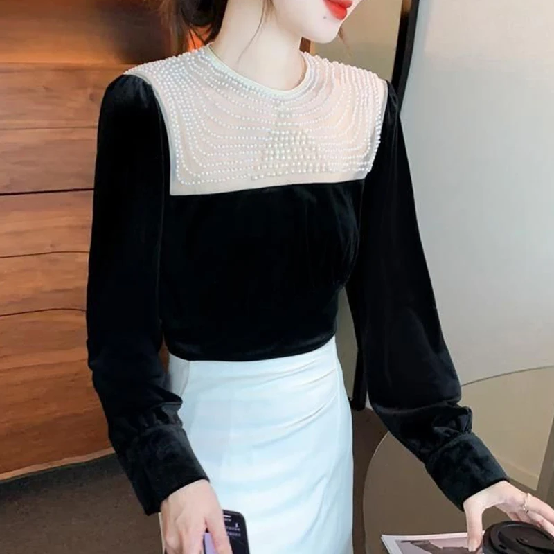 2023 Spring Autumn Elegant Fashion Beading Bottoming Pleuche T-shirt Female Long Sleeve Slim All-match Tee Top Women Pullover