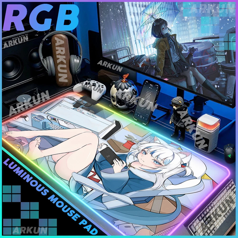 

RGB Popular Hololive Virtual Artist Kawaii Hot Gawr Gura Gaming Mouse Pad Gamer Computer LED Pad Accessories Backlit Table Mat