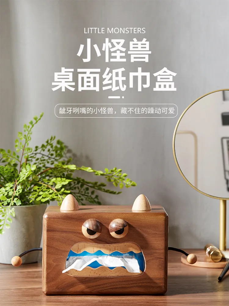 Walnut tissue box Little monster wooden living room dining table tissue box storage household cartoon