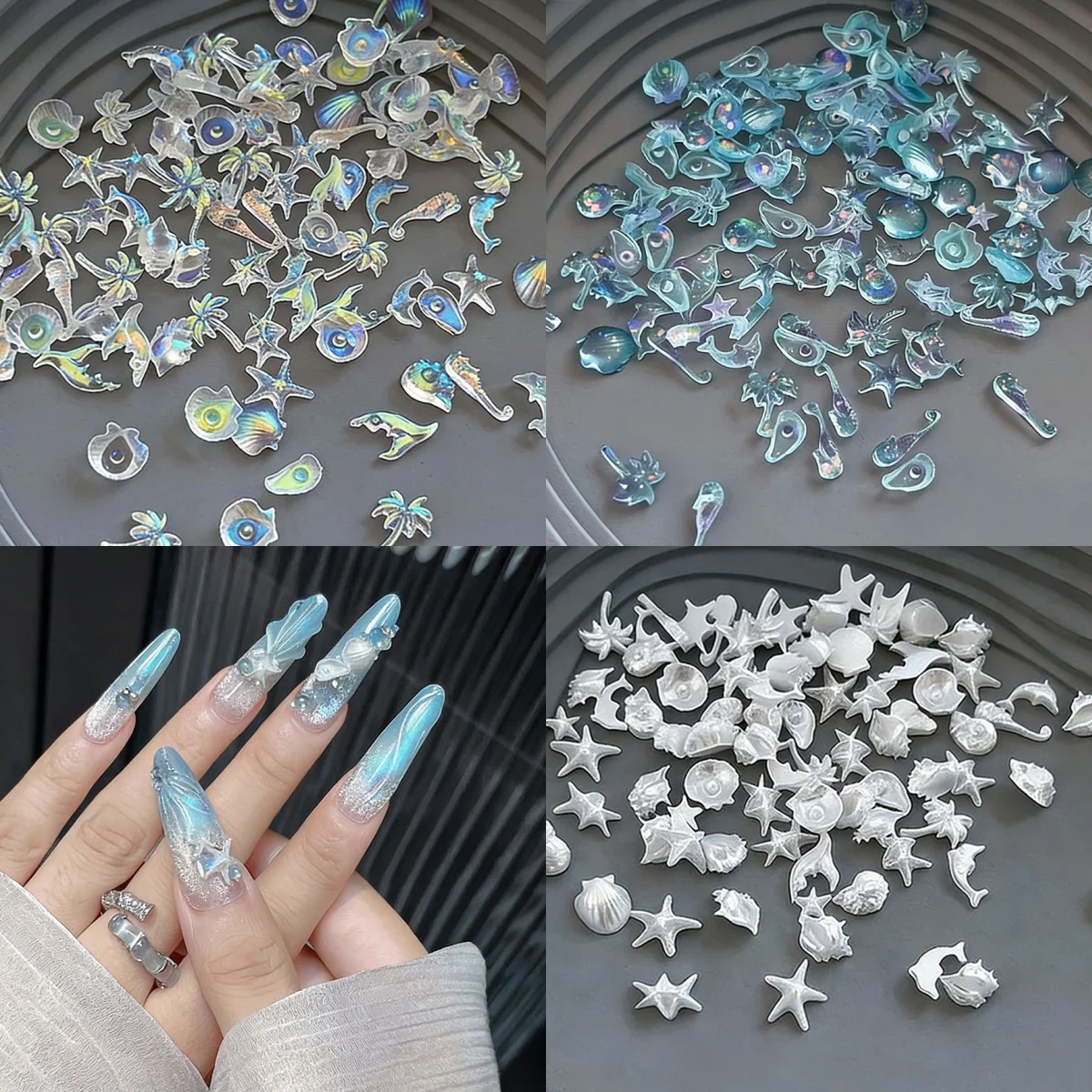 50Pcs Aurora Iridescent Resin Dolphin Starfish Shell  Nails Charms 3D Flat Back Flash Ocean Series Jewelry Nail Art Decorations