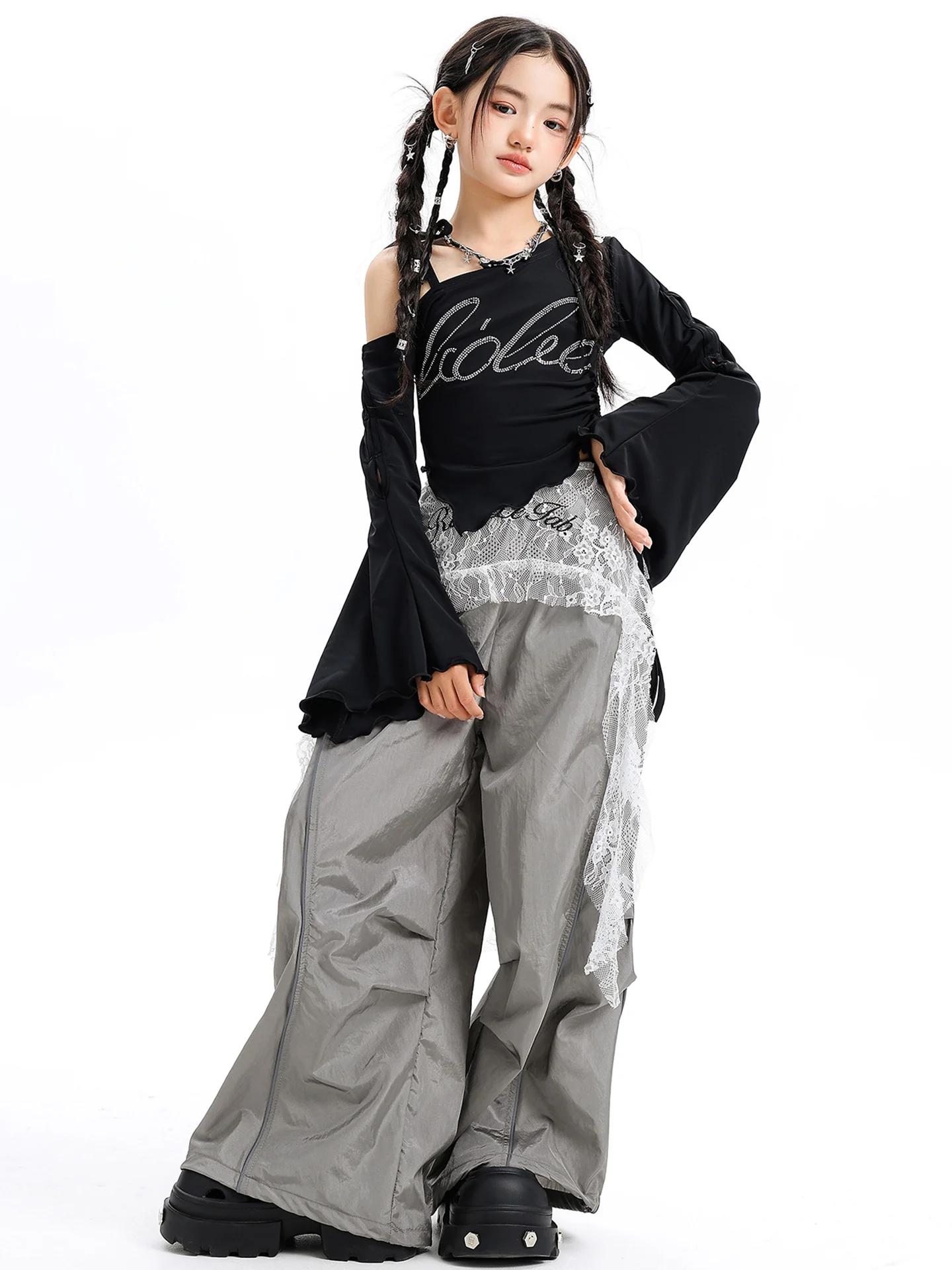 2025 Kinderen Jazz Moderne Dansvoorstelling Kostuums Voor Meisjes Crop Top Cargo Broek Streetwear Hip Hop Dans Kleding DQS 20727