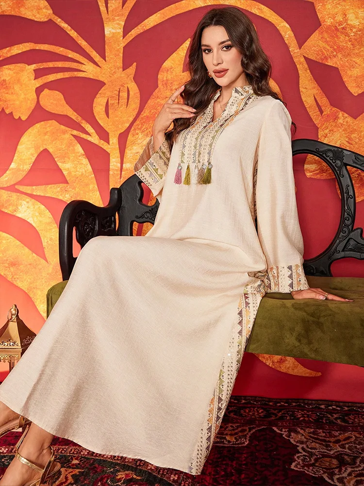 

Рамадан Дубай Абая женское мусульманское платье макси с кисточками и вышивкой Джалабия Турция кафтан Ид Джеллаба вечернее платье с блестками Vestidos New