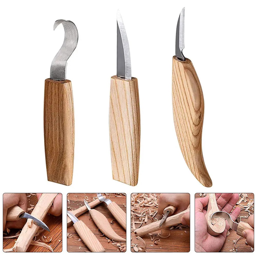 3Pcs Wood Carving Knives Tool Wooden Handle Sharp Engraving Cutter Set for Beginners Carpenters Hand Carved Steel Cutting Kit