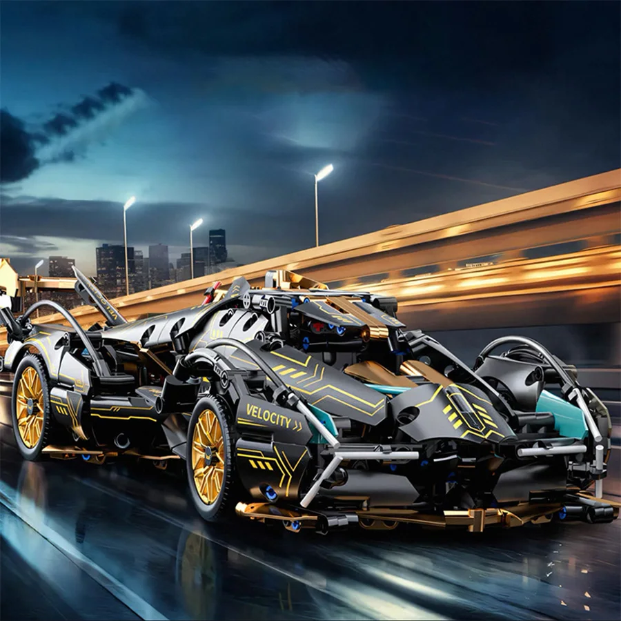 

1000-particle city car sports car, 1:14 creative black Bull building block sports car assembly, building block assembly car