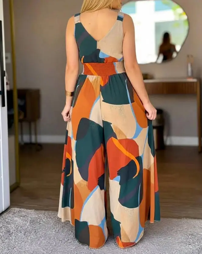 

2026 New Women's Fashionable and Elegant Printed V-Neck Elastic Thick Belt High Waist Backless Wide Leg Jumpsuit