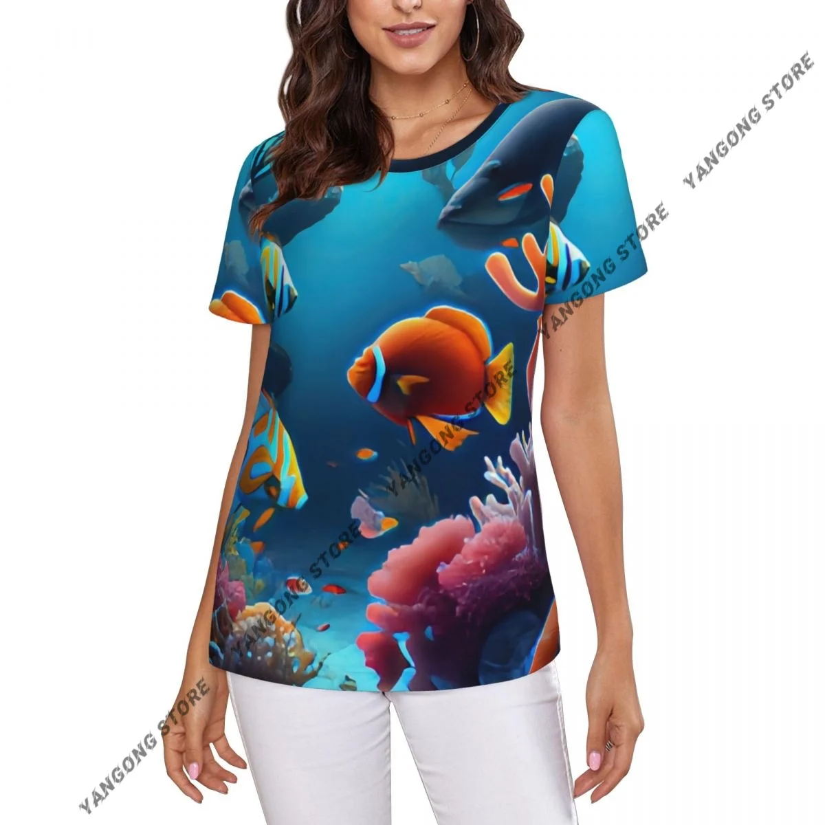 Casual Summer Woman Skinny Fit T-shirt Tight Short-Sleeve O-neck Tee Basic Underwater Coral Reef Seascape Background T Shirt