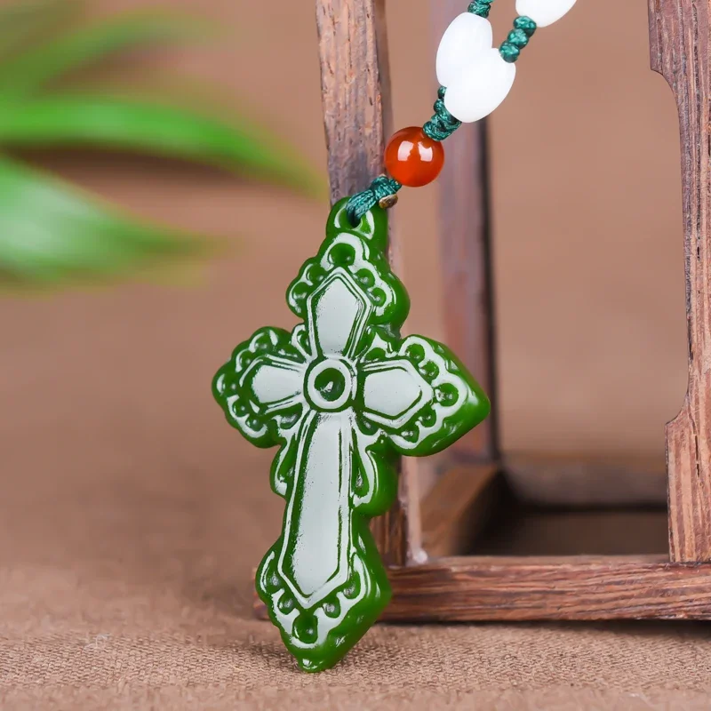 Chinese Natural Green Jade Cross Pendant Necklace Hand-carved Charm Jadeite Jewelry Fashion Luck Amulet Gifts for Men Women