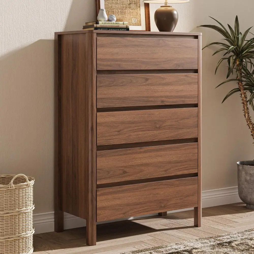 

Walnut 5 Drawer Dresser for Bedroom, Modern Tall Dresser with Hidden Handles, SpaceSaving Wooden Drawer Organizer, Living Room,