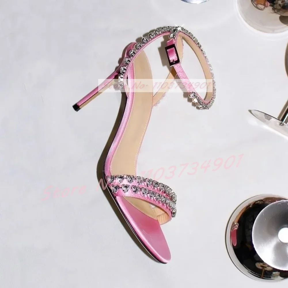 

Satin Crystals Ankle Strap Stiletto Sandals Women Elegant Round Toe High Heels Shoes Lady Trendy Party Sexy Toe Strap Sandals