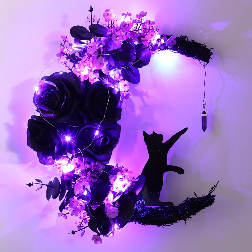 

Gothic Wreath Decoration Handmade Artificial Moon Cat Garland Durable Halloween Door Hanging Decor for Indoor Outdoor Home Decor