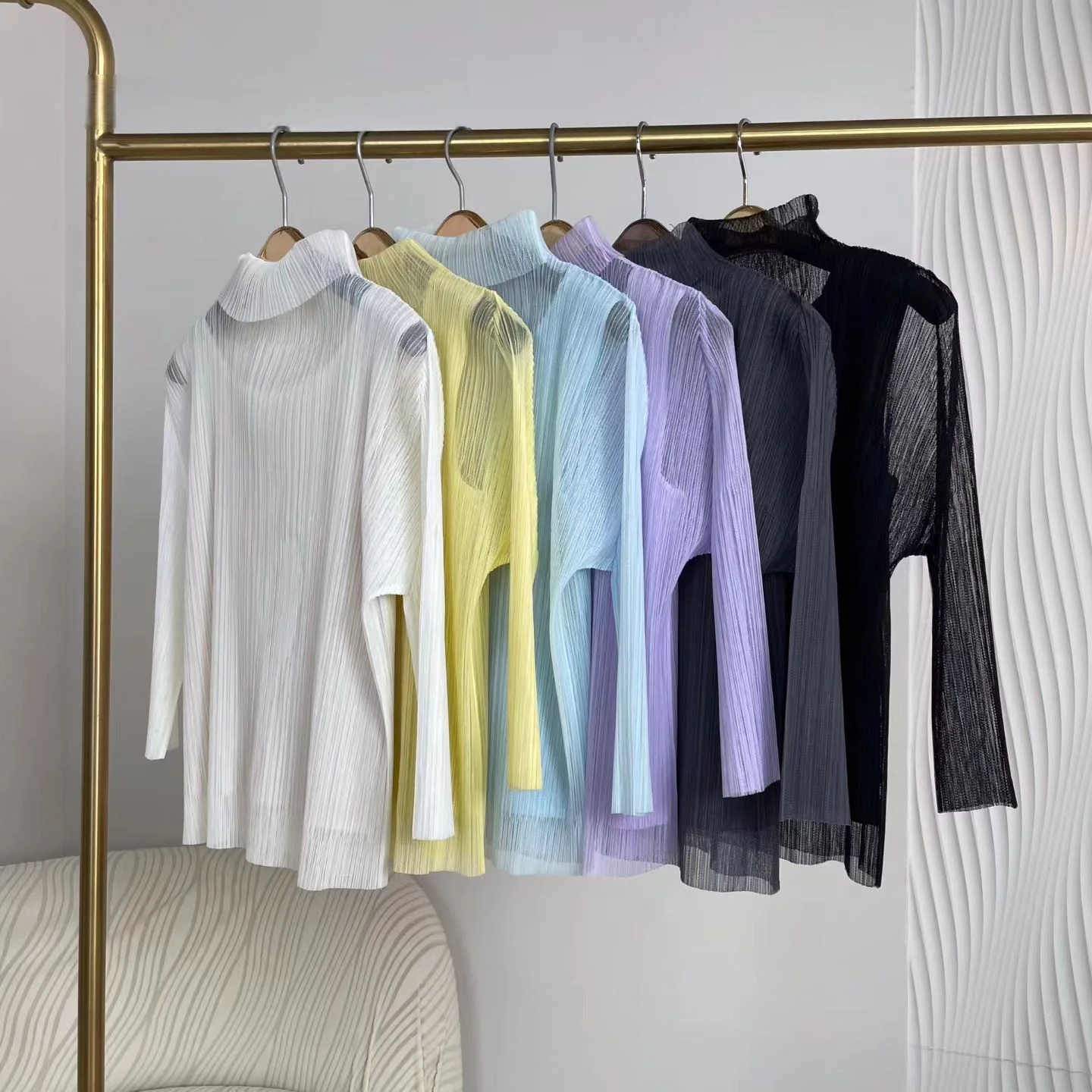 

New Folded Halter Neck Mesh Splice Slimming Versatile Top T-shirt Commute Style Long Sleeve Polyester Fabric Women's Shirt