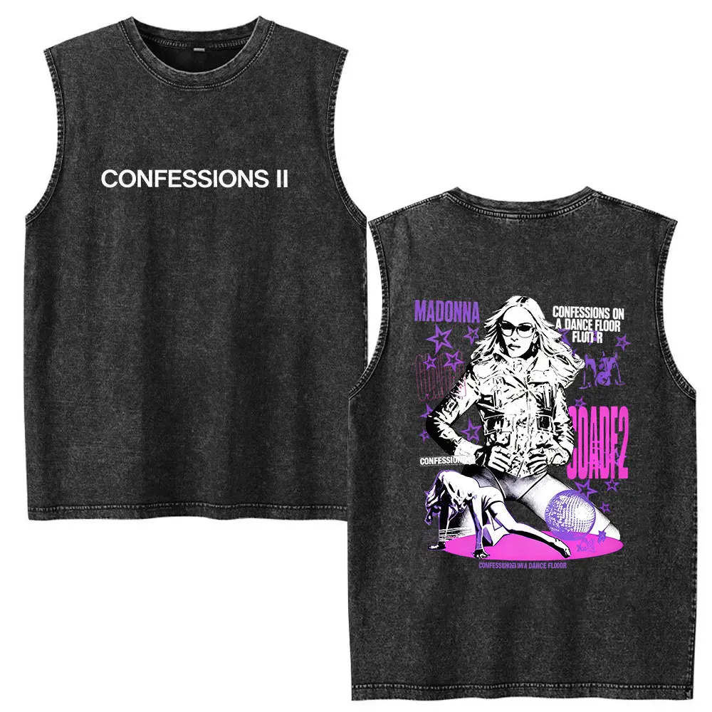 Vintage Washed Vest Madonna Confessions II Tour 2026 Fans T Shirt Men Women Clothing Fashion Oversized T-shirts 100% Cotton Tees