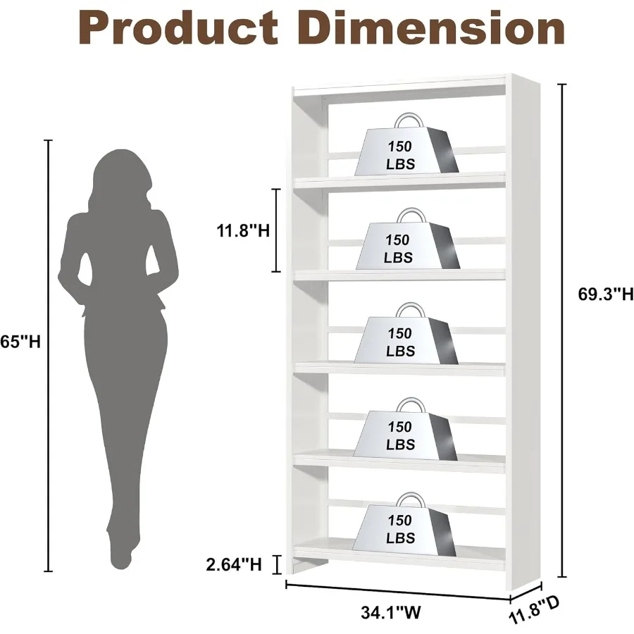 رف كتب معدني أبيض مكون من 5 طبقات - أرفف تخزين لعرض خزانة الكتب بطول 69.3 مع أرفف كتب فولاذية شديدة التحمل للمعيشة