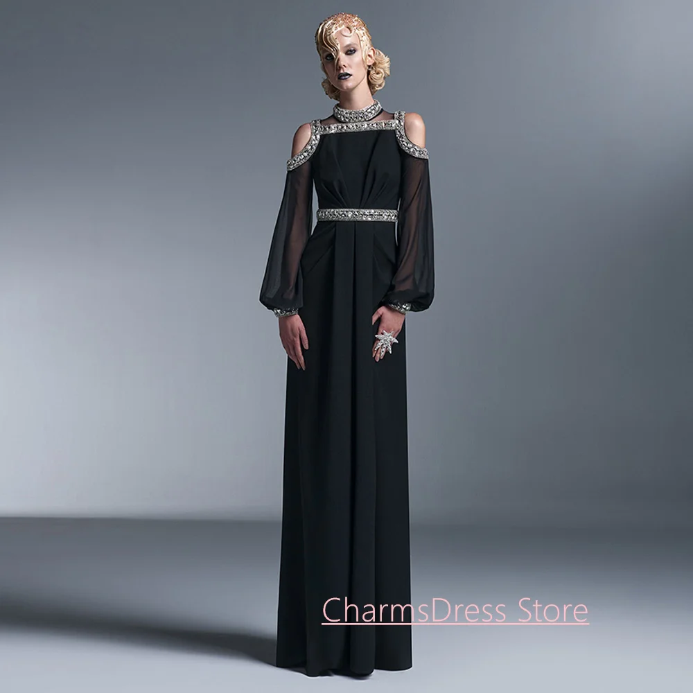Maßgeschneidertes Abendkleid, modisch, hoher Ausschnitt, Puffärmel, Perlenstickerei, Strass, bodenlang, Chiffon, Partykleid, Ballkleider