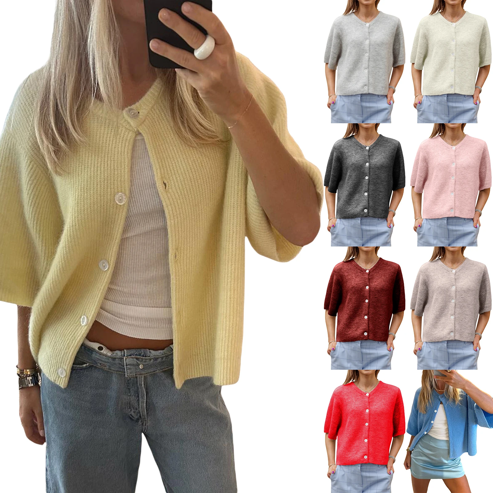 Women\'s Solid Color Cardigan 2024 New Fashion Button Down Sweater Knit Tops Short Sleeve Round Neck Chic Cardigan