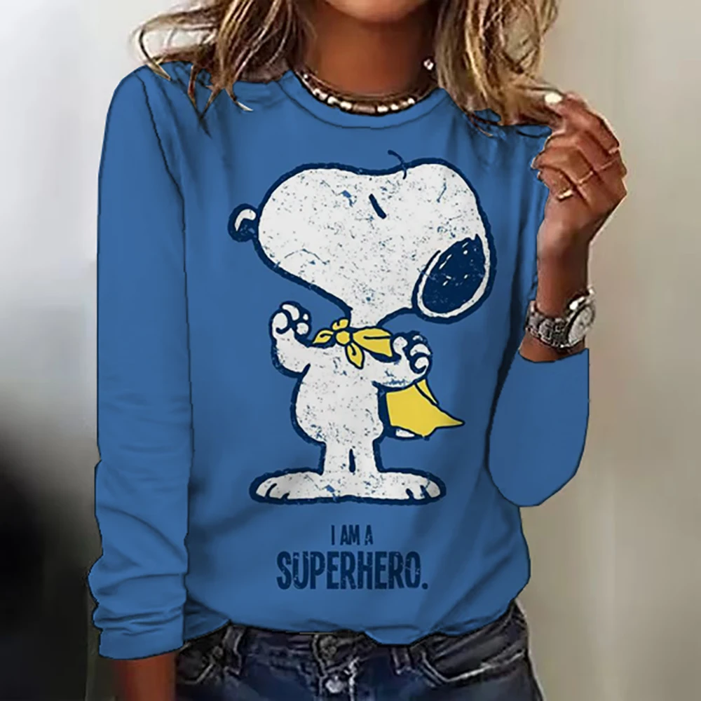 Letter &Snoopy print T-shirt, Casual Long Sleeve Crew Neck T-shirt For Spring & Summer, Women\'s Clothing