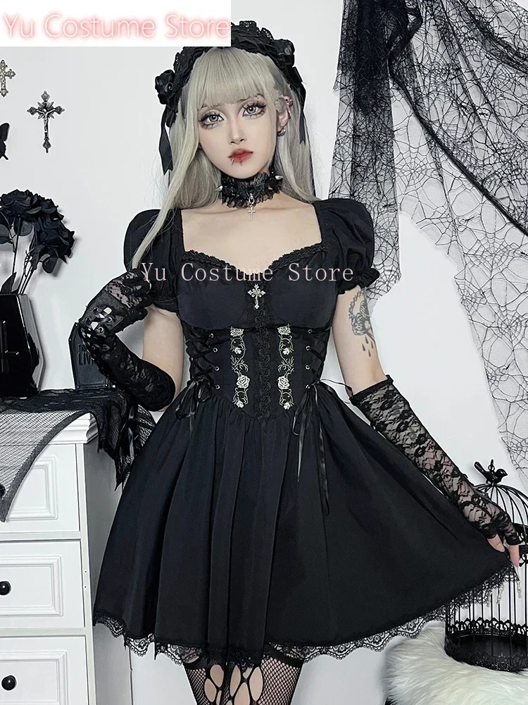 

Vintage Gothic Princess Dress Women Dark Harajuku Lace Up Cross Corset Streetwear Partywear Lolita Cute Female Yu Costume