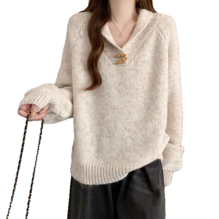 Womens Sweater Spring Autumn Korean Edition Solid Color Bull Horn Collar Loose Fashion Knitted Sweater Casual Daily Versatile