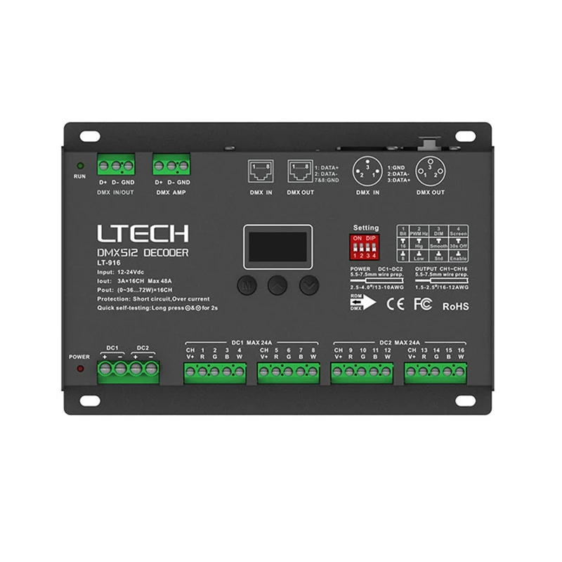 LTECH 16 Channel Led DMX Decoder DC12V 24V Input;3A 16CH 4A 12CH 48A Output 12/16 Channel DMX512 RDM Slave OLED Screen Display