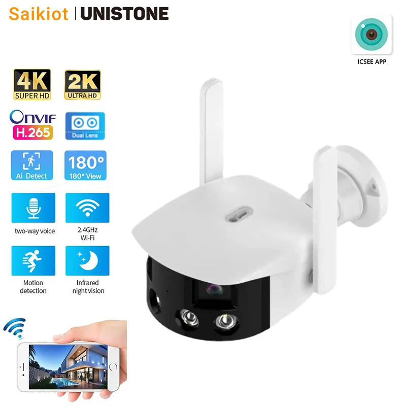 Saikiot ICSEE 4K 8MP 4MP Dual Lens WIFI Camera Panoramic 180 Degree View Outdoor Waterproof CCTV Security Wireless Bullet Camera