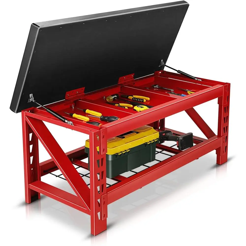 

Large Heavy-Duty Steel Workbench with Flip-up Design, 18.3 x 41.9 x 20.47, Black/Red Storage Bench