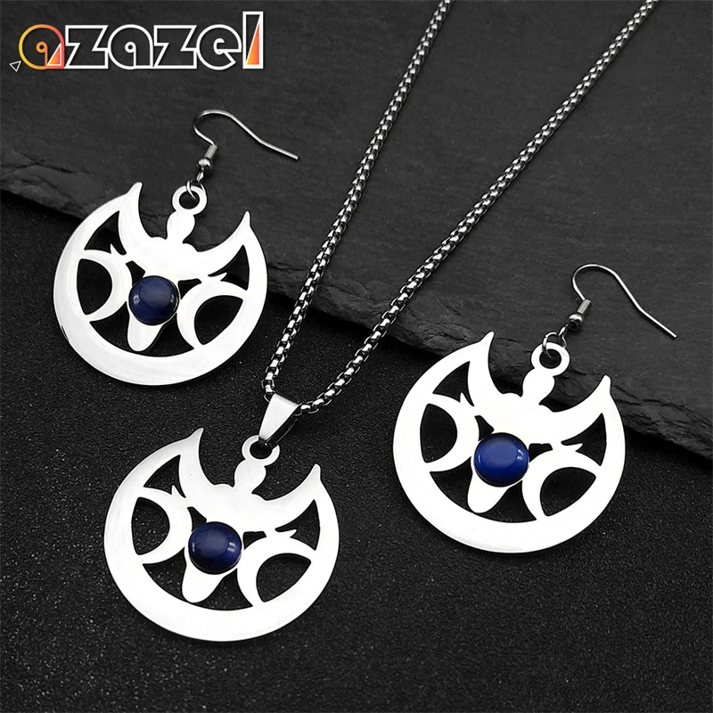 

Witchcraft Triple Moon Opal Stone Jewelry Set for Women Stainless Steel Triple Goddess Silver Color Necklace Earring Set Gift