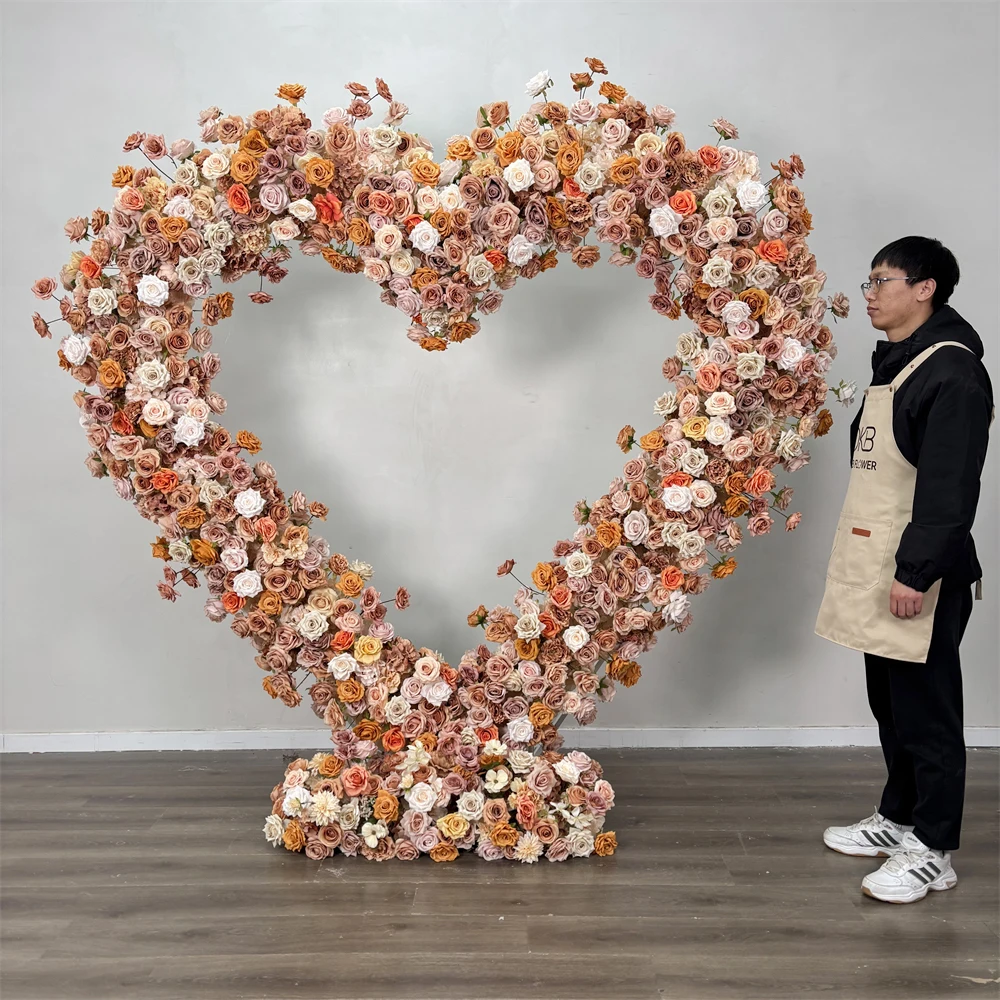 Romantic Artificial Silk Flower Arch 8x8 Heart Shaped Orange Roses For Valentine's Day Back School Events-Realistic Decoration