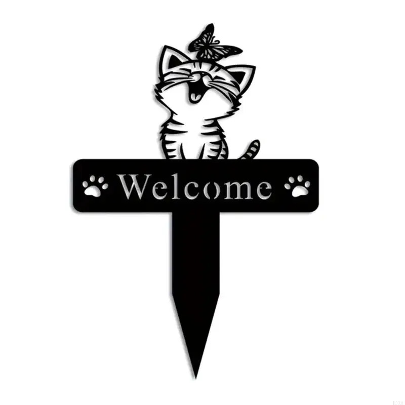 LX0C Outdoor Garden Iron Art Cats Welcome Decoration Stake for Yard and Pathways Entrance Cats Themed Garden Ornament