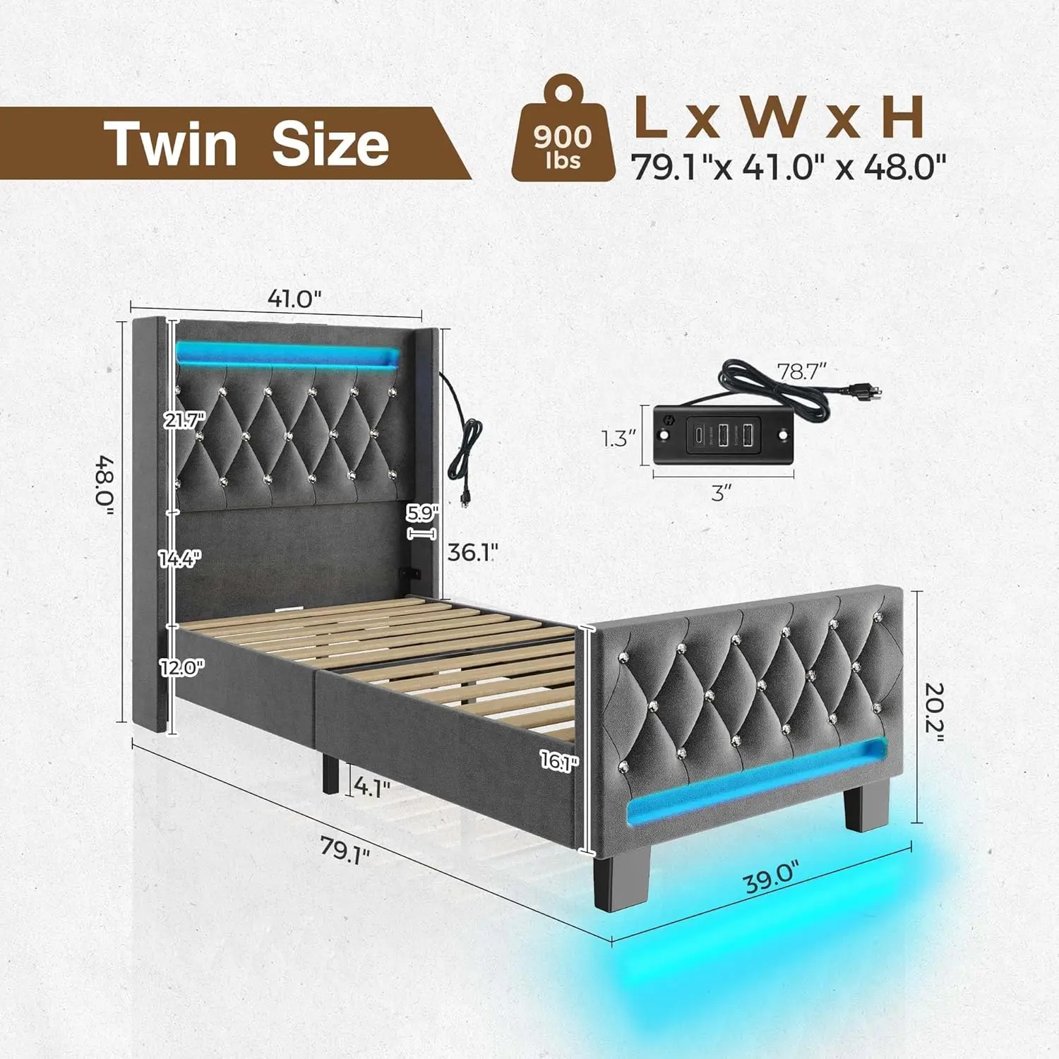 Twin Bed Frame with LED Light and Charging Station, Upholstered High Headboard and , Wood Slats, Noise Free,