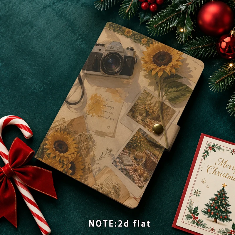 Vintage Sunflower Camera Collage Notebook PU Snap Button Journal A6 Retro Summer Picnic Print Diary Planner Stationery Gift