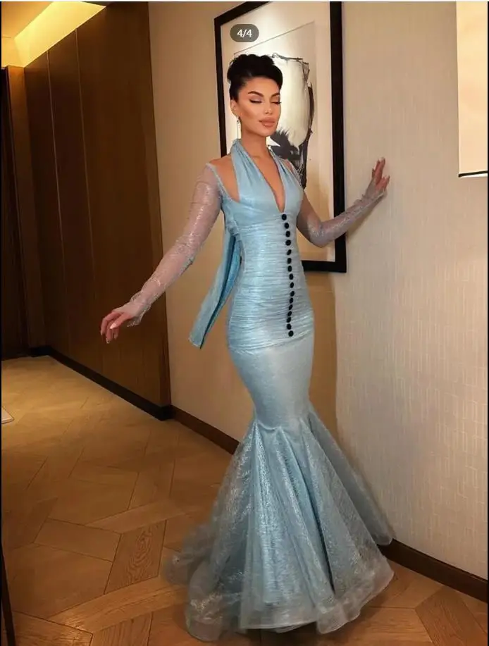 Customized Halter Mermaid Wedding Guest Gown Front Button Lace Wedding Party Dress Backless Blue Long Formal Cocktail Dresses