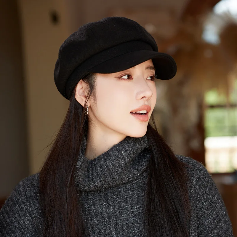 Autumn and winter new women\'s hats Advanced sense of octagonal hat thickened newsboy cap padded warm brim beret