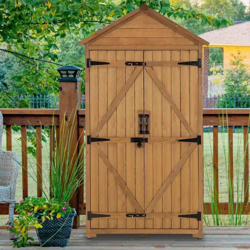 Outdoor Storage Cabinet, Garden Wood Tool Shed, Outside Wooden Shed Closet with Shelves and Latch for Yard, Patio