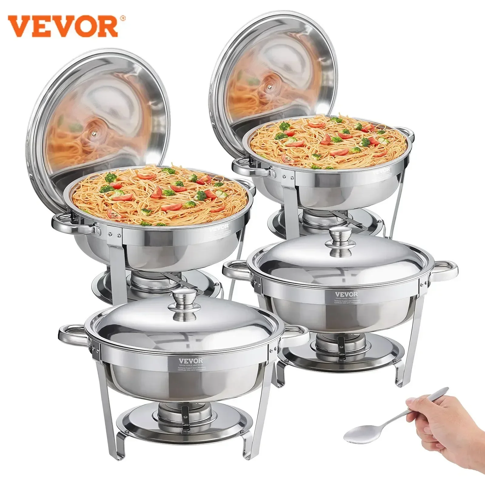 VEVOR 6QT 4Pack Round Chafing Dish Set Stainless Steel Buffet Chafer with Full Size Pan Glass Lid  Fuel Holder Catering Warmer