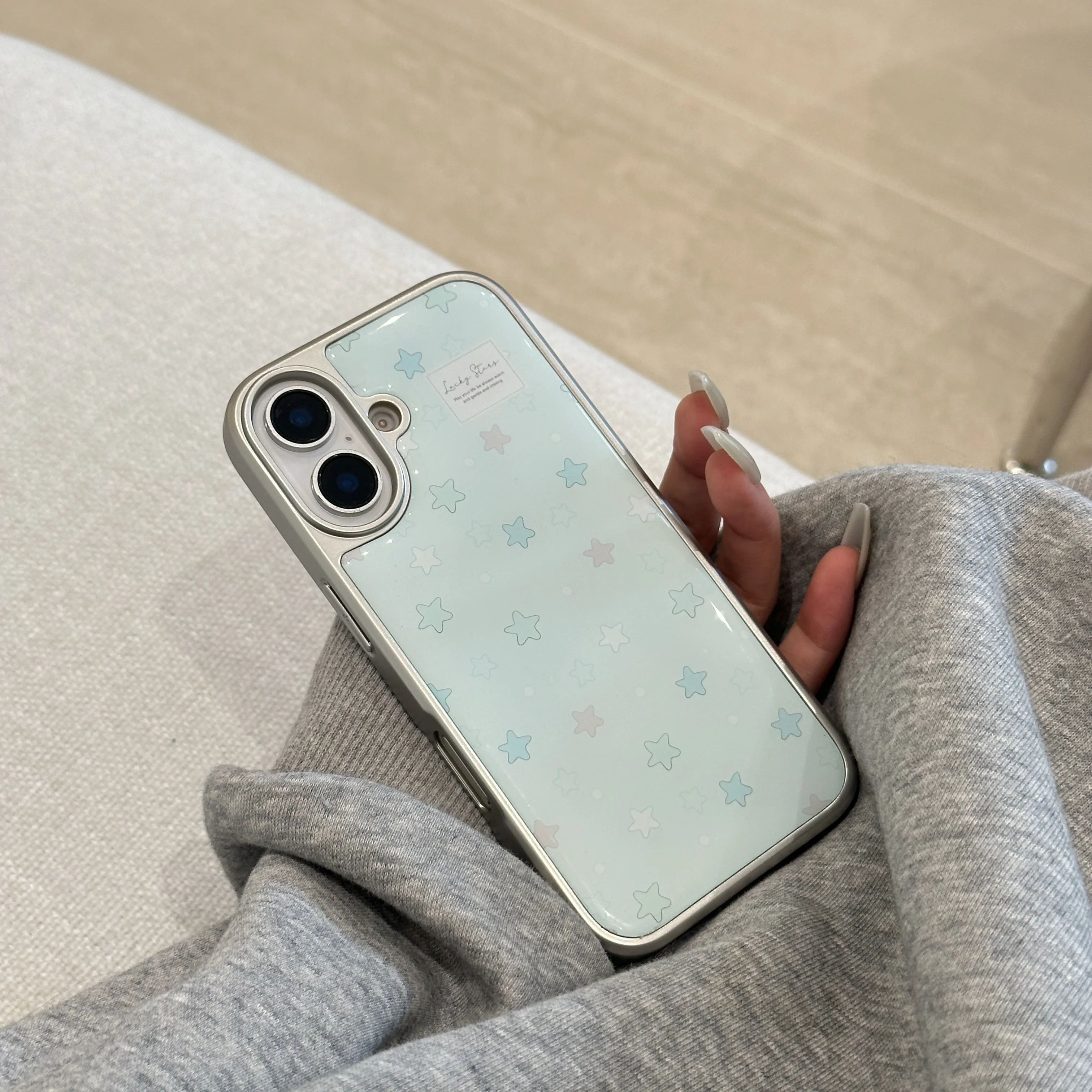 Dazzling Electroplated Silver Edge Light Blue Sky Full of Stars Phone Case for iPhone 16 15 14 13 Pro Max Back Cover Funda