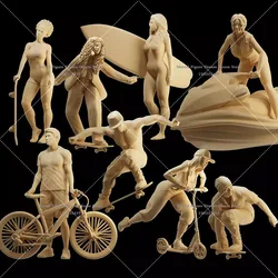 Multi-version 1/64 1/43 1/35 Scale Miniature Scene Doll White Model Un-panited Surfer Skater Bicycle Boy Girl Sports Figure