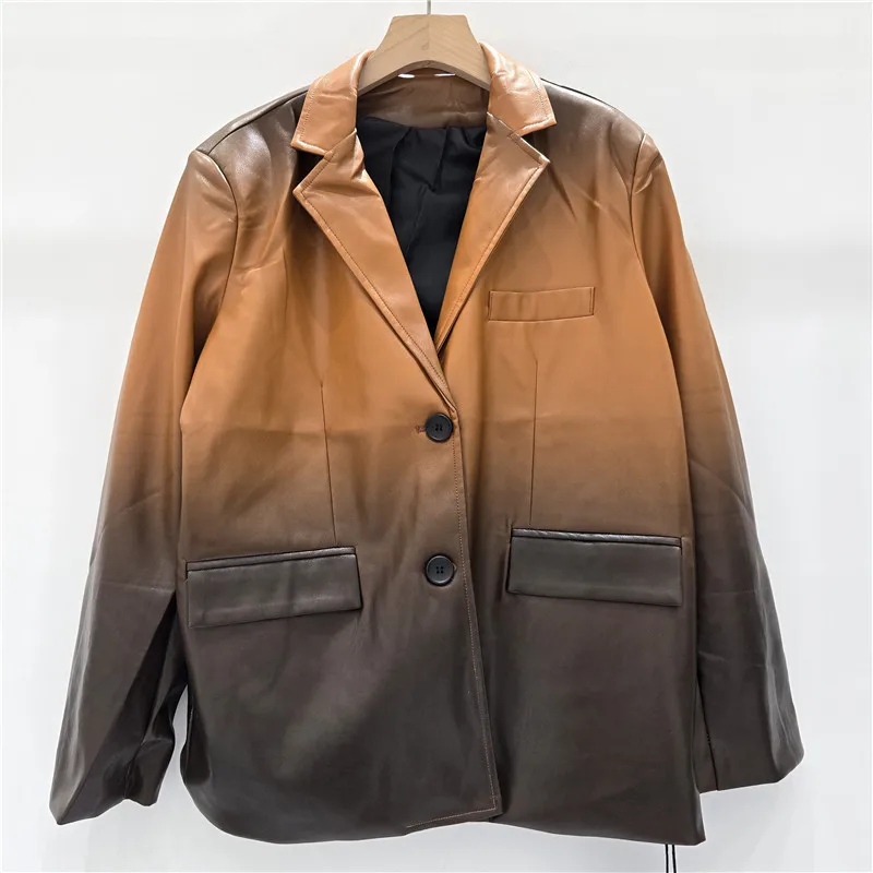 

SuperAen Gradient Design High Street Fashion Loose Elegant Mid-length PU Leather Jacket for Women Autumn New Coats