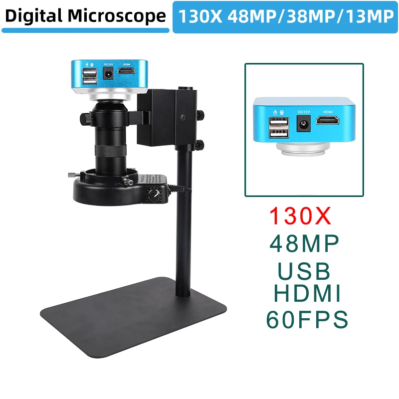 Updated Digital Video Microscope Monocular 130X C Mount Lens 1080P 48/38/13MP HDMI USB Industrial Camera Circular Lamp Repair PC