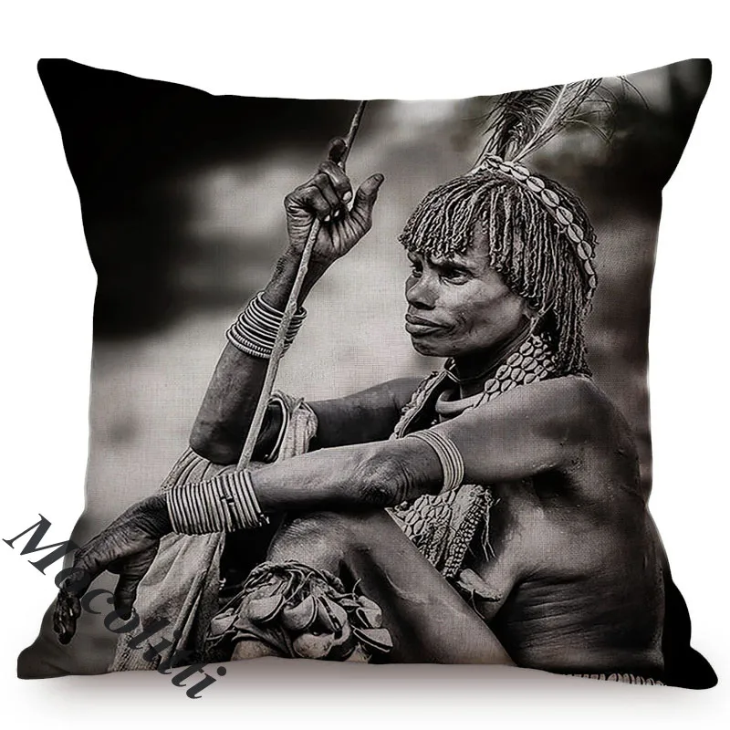 Africa Impression Primitive Tribe African Life Black and White Art Home Decor Cushion Cover Museum Gallery Sofa Pillow Case