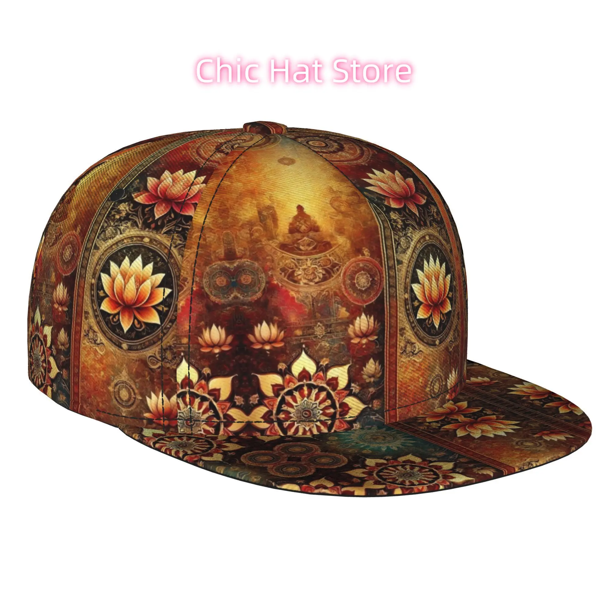 1pc Sacred Lotus Mandala Art Fully Printed Hip-Hop Caps, Baseball Caps, Stylish Flat-Brimmed Baseball Caps, Sports Outdoor Casua