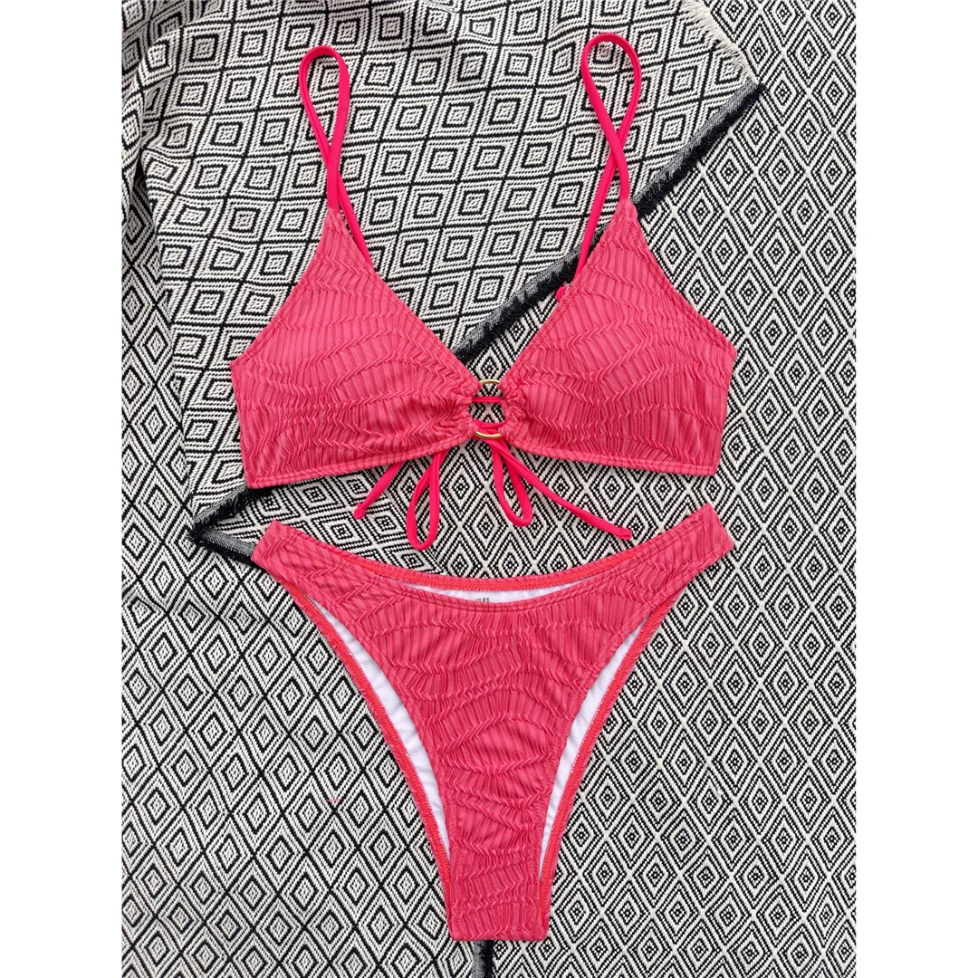 Bikini mit Faltenmuster-Metallring, mittelhoher Bund, Damen-Badeanzug, zweiteiliges Bikini-Set, gepolsterter Badeanzug, Badebekleidung, Modell V4567. – Detail 27