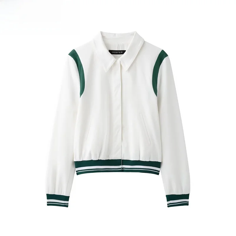 

ZBZR Spring New Women's Vintage Long Sve Turn-down Collar Color Blo Detail Ribbed Outerwear Polyester Fiber Commute Sle