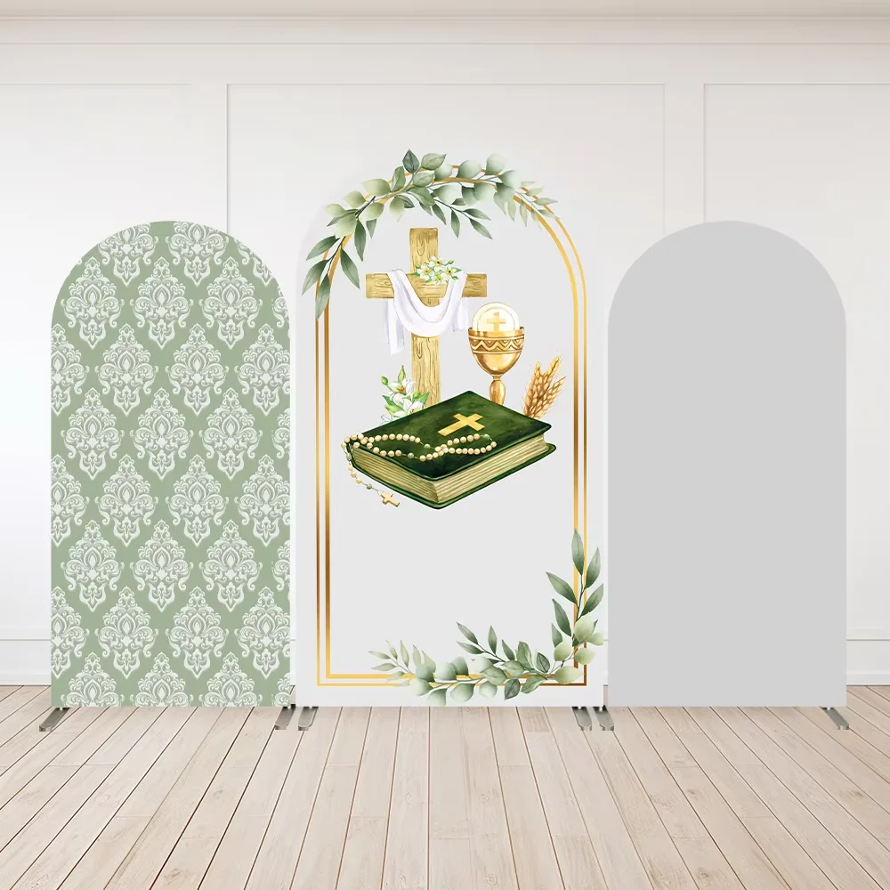 

Mehofond God Bless Arch Backdrop Baptism First Holy Communion Christening Green Leaves Decor Bible Cross Baby Shower Background
