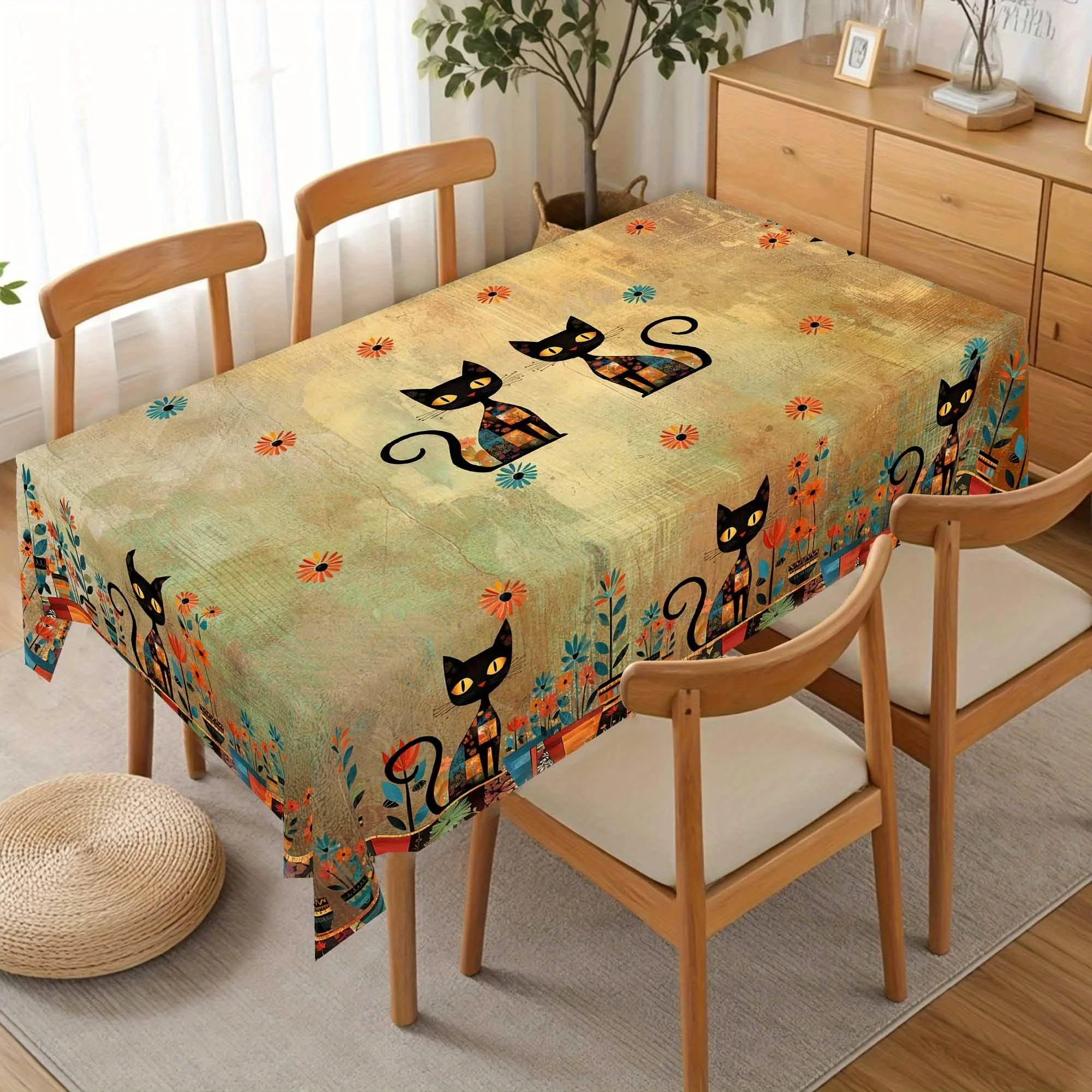1 Stück Bohemian Mandala Tischdecke, Vintage Blumen- und Katzenmuster Tischdecke, Rechteckige Polyester-Tischdecke