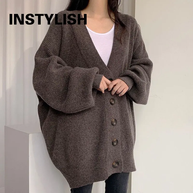 Women Vintage Lazy Knitted Cardigan Elegant Harajuku V Neck Single-breasted Loose Lantern Sleeve Sweater Coat Oversized Sweater