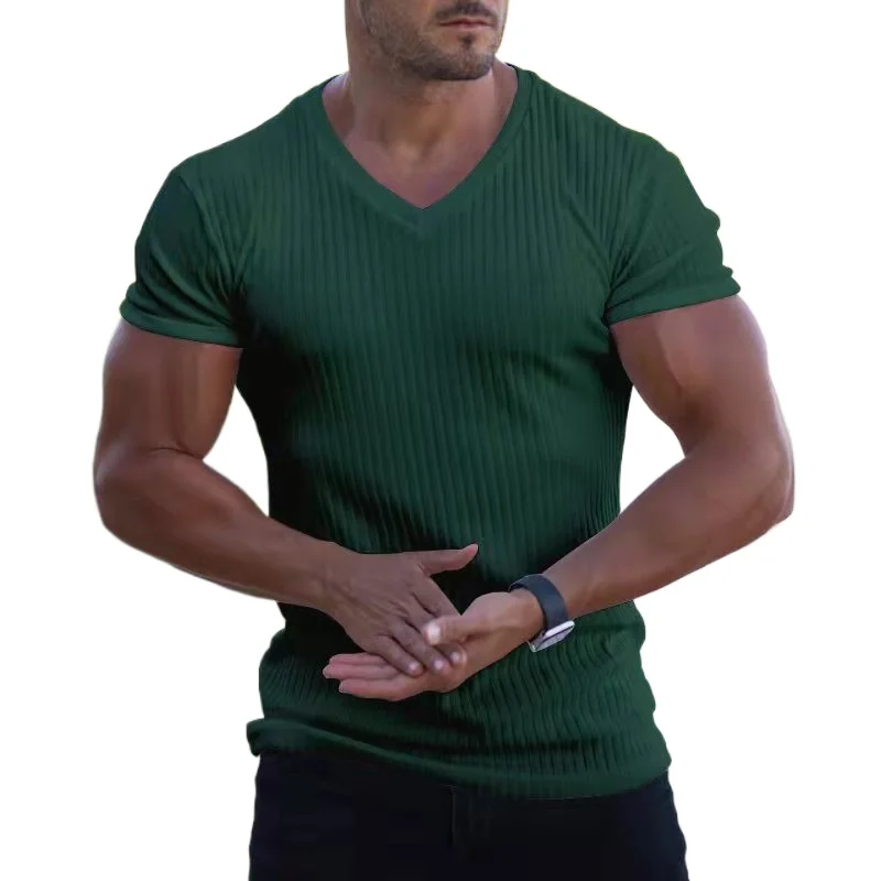 Hot Selling Men's Summer Slim Fit V-neck Casual Sports Breathable Spot Solid Color Short Sleeved T-shirt for Sweat Wicking